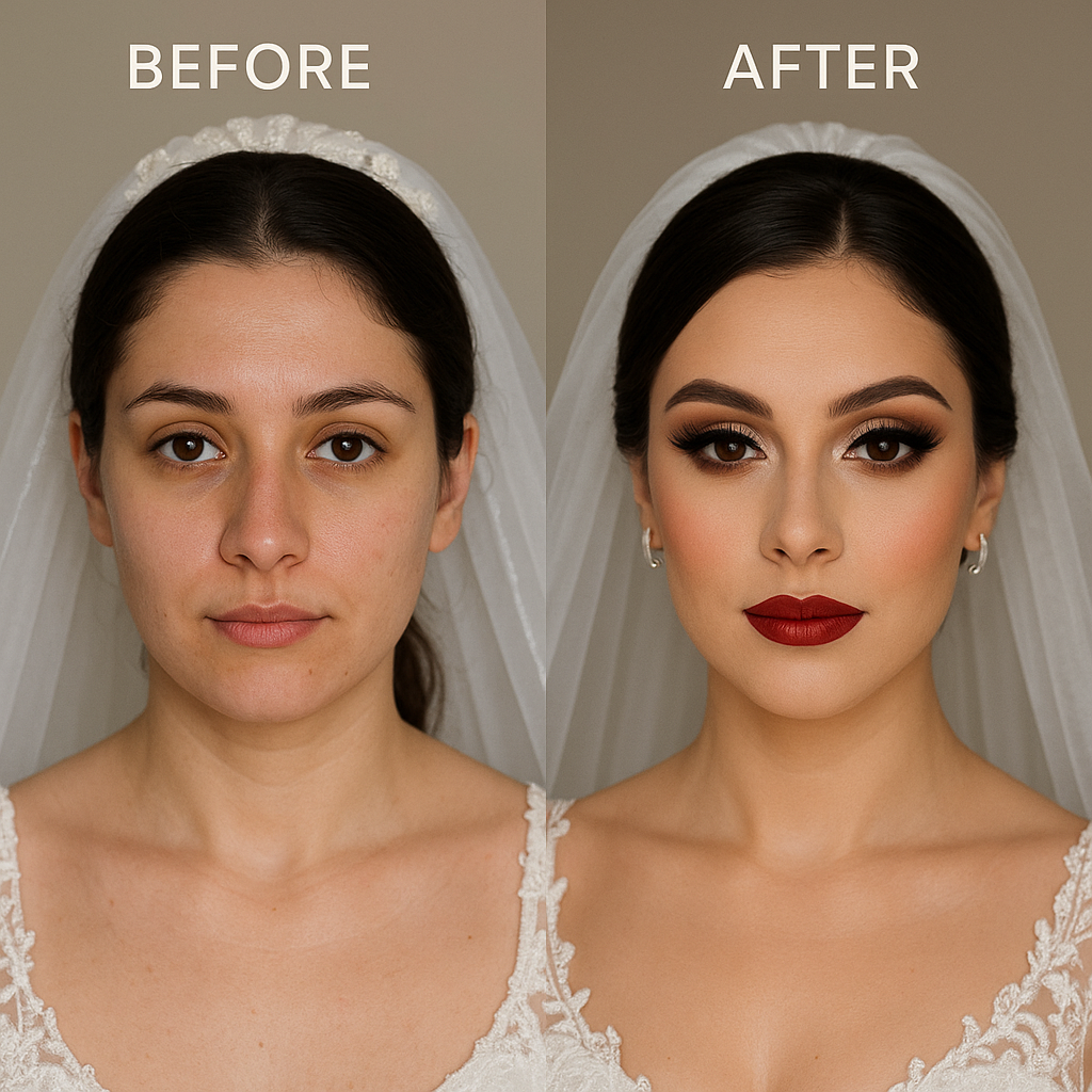 Gelin makyajı öncesi ve sonrası dönüşüm - Müşteri yorumu